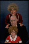 Betty Hutton as Miss Hannigan, Allison Smith as Annie, and John Schuck as Daddy Warbucks in a scene from the Broadway production of the musical "Annie."