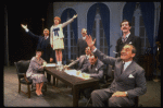 Bridget Walsh as Annie, Harve Presnell as Daddy Warbucks and Jack Denton as FDR in a scene from a touring company of the musical "Annie."