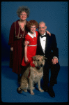 Marcia Lewis as Miss Hannigan, Allison Smith as Annie & Harve Presnell as Daddy Warbucks w. Sandy from the Broadway production of the musical "Annie." (New York)