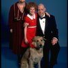 Marcia Lewis as Miss Hannigan, Allison Smith as Annie & Harve Presnell as Daddy Warbucks w. Sandy from the Broadway production of the musical "Annie." (New York)