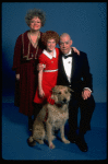 Marcia Lewis as Miss Hannigan, Allison Smith as Annie & Harve Presnell as Daddy Warbucks w. Sandy from the Broadway production of the musical "Annie." (New York)