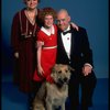 Marcia Lewis as Miss Hannigan, Allison Smith as Annie & Harve Presnell as Daddy Warbucks w. Sandy from the Broadway production of the musical "Annie." (New York)