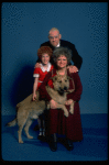 Marcia Lewis as Miss Hannigan, Allison Smith as Annie & Harve Presnell as Daddy Warbucks w. Sandy from the Broadway production of the musical "Annie." (New York)