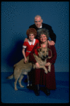 Marcia Lewis as Miss Hannigan, Allison Smith as Annie & Harve Presnell as Daddy Warbucks w. Sandy from the Broadway production of the musical "Annie." (New York)