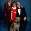 Marcia Lewis as Miss Hannigan, Allison Smith as Annie & Harve Presnell as Daddy Warbucks w. Sandy from the Broadway production of the musical "Annie." (New York)