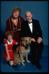 Marcia Lewis as Miss Hannigan, Allison Smith as Annie & Harve Presnell as Daddy Warbucks w. Sandy from the Broadway production of the musical "Annie." (New York)