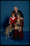 Marcia Lewis as Miss Hannigan, Allison Smith as Annie & Harve Presnell as Daddy Warbucks w. Sandy from the Broadway production of the musical "Annie." (New York)