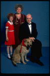 Marcia Lewis as Miss Hannigan, Allison Smith as Annie & Harve Presnell as Daddy Warbucks w. Sandy from the Broadway production of the musical "Annie." (New York)