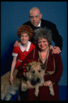 Marcia Lewis as Miss Hannigan, Allison Smith as Annie & Harve Presnell as Daddy Warbucks w. Sandy from the Broadway production of the musical "Annie." (New York)