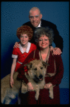 Marcia Lewis as Miss Hannigan, Allison Smith as Annie & Harve Presnell as Daddy Warbucks w. Sandy from the Broadway production of the musical "Annie." (New York)