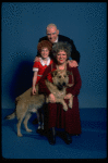 Marcia Lewis as Miss Hannigan, Allison Smith as Annie & Harve Presnell as Daddy Warbucks w. Sandy from the Broadway production of the musical "Annie." (New York)