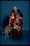 Marcia Lewis as Miss Hannigan, Allison Smith as Annie & Harve Presnell as Daddy Warbucks w. Sandy from the Broadway production of the musical "Annie." (New York)