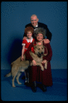 Marcia Lewis as Miss Hannigan, Allison Smith as Annie & Harve Presnell as Daddy Warbucks w. Sandy from the Broadway production of the musical "Annie." (New York)