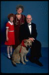 Marcia Lewis as Miss Hannigan, Allison Smith as Annie & Harve Presnell as Daddy Warbucks w. Sandy from the Broadway production of the musical "Annie." (New York)