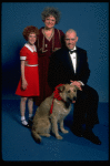 Marcia Lewis as Miss Hannigan, Allison Smith as Annie & Harve Presnell as Daddy Warbucks w. Sandy from the Broadway production of the musical "Annie." (New York)