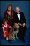 Marcia Lewis as Miss Hannigan, Allison Smith as Annie & Harve Presnell as Daddy Warbucks w. Sandy from the Broadway production of the musical "Annie." (New York)