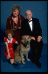 Marcia Lewis as Miss Hannigan, Allison Smith as Annie & Harve Presnell as Daddy Warbucks w. Sandy from the Broadway production of the musical "Annie." (New York)