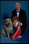 Allison Smith as Annie and Harve Presnell as Daddy Warbucks w. Sandy in a scene from the Broadway production of the musical "Annie." (New York)