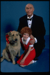 Allison Smith as Annie and Harve Presnell as Daddy Warbucks w. Sandy in a scene from the Broadway production of the musical "Annie." (New York)