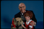 Allison Smith as Annie and Harve Presnell as Daddy Warbucks w. Sandy in a scene from the Broadway production of the musical "Annie." (New York)