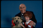 Allison Smith as Annie and Harve Presnell as Daddy Warbucks w. Sandy in a scene from the Broadway production of the musical "Annie." (New York)