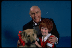Allison Smith as Annie and Harve Presnell as Daddy Warbucks w. Sandy in a scene from the Broadway production of the musical "Annie." (New York)