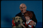 Allison Smith as Annie and Harve Presnell as Daddy Warbucks w. Sandy in a scene from the Broadway production of the musical "Annie." (New York)