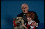 Allison Smith as Annie and Harve Presnell as Daddy Warbucks w. Sandy in a scene from the Broadway production of the musical "Annie." (New York)