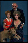 Ruth Williamson as Miss Hannigan, Mollie Hall as Annie, & Ron Holgate as Daddy Warbucks w. Sandy in a scene from a touring company of the musical "Annie."