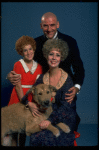 Ruth Williamson as Miss Hannigan, Mollie Hall as Annie, & Ron Holgate as Daddy Warbucks w. Sandy in a scene from a touring company of the musical "Annie."