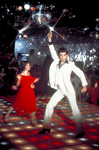 Actor John Travolta disco dancing with actress Karen Gorney in scene from the film "Saturday Night Fever"