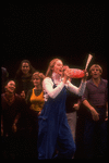 Meryl Streep (as Alice) dancing with a bottle that says "Drink Me" in a scene from the NY Shakespeare Festival production of the musical "Alice"