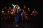Meryl Streep (as Alice) dancing w. a bottle that says "Drink Me" in a scene from the NY Shakespeare Festival production of the musical "Alice." (New York)