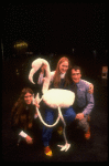 Composer Elizabeth Swados, Meryl Streep and producer Joseph Papp w. toy flamingo on the set of NY Shakespeare Festival production of musical "Alice." (New York)