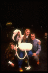 Composer Elizabeth Swados, Meryl Streep and producer Joseph Papp w. toy flamingo on the set of NY Shakespeare Festival production of musical "Alice." (New York)