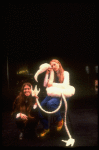 L-R) Composer Elizabeth Swados and actress Meryl Streep w. a stuffed flamingo on the set of NY Shakespeare Festival production of musical "Alice." (New York)
