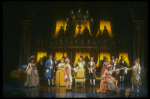 Mary Elizabeth Mastrantonio (L), Frank Langella (2L) as Salieri and Dennis Boutsikaris (4R) as Mozart in a scene from the Broadway production of the play "Amadeus." (New York)