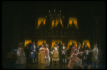 Mary Elizabeth Mastrantonio (L), Frank Langella (2L) as Salieri and Dennis Boutsikaris (4R) as Mozart in a scene from the Broadway production of the play "Amadeus." (New York)