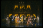 Mary Elizabeth Mastrantonio (L), Frank Langella (2L) as Salieri and Dennis Boutsikaris (4R) as Mozart in a scene from the Broadway production of the play "Amadeus." (New York)
