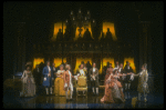 Mary Elizabeth Mastrantonio (L), Frank Langella (2L) as Salieri and Dennis Boutsikaris (4R) as Mozart in a scene from the Broadway production of the play "Amadeus." (New York)