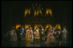 Mary Elizabeth Mastrantonio (L), Frank Langella (2L) as Salieri and Dennis Boutsikaris (4R) as Mozart in a scene from the Broadway production of the play "Amadeus." (New York)
