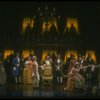 Mary Elizabeth Mastrantonio (L), Frank Langella (2L) as Salieri and Dennis Boutsikaris (4R) as Mozart in a scene from the Broadway production of the play "Amadeus." (New York)