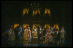 Mary Elizabeth Mastrantonio (L), Frank Langella (2L) as Salieri and Dennis Boutsikaris (4R) as Mozart in a scene from the Broadway production of the play "Amadeus." (New York)