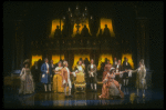 Mary Elizabeth Mastrantonio (L), Frank Langella (2L) as Salieri and Dennis Boutsikaris (4R) as Mozart in a scene from the Broadway production of the play "Amadeus." (New York)