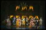 Mary Elizabeth Mastrantonio (L), Frank Langella (2L) as Salieri and Dennis Boutsikaris (4R) as Mozart in a scene from the Broadway production of the play "Amadeus." (New York)