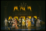 Mary Elizabeth Mastrantonio (L), Frank Langella (2L) as Salieri and Dennis Boutsikaris (4R) as Mozart in a scene from the Broadway production of the play "Amadeus." (New York)