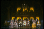 Mary Elizabeth Mastrantonio (L), Frank Langella (2L) as Salieri and Dennis Boutsikaris (4R) as Mozart in a scene from the Broadway production of the play "Amadeus." (New York)
