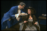 Actor David Dukes as composer Antonio Salieri w. Michele Seyler in a scene from the Broadway production of the play "Amadeus." (New York)
