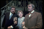 L-R) Actors David Sabin, Carmen Mathews and Howard Keel in a scene from the Broadway production of the musical "Ambassador." (New York)