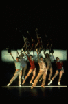 R-L) Sammy Williams, Pamela Blair, Donna McKechnie, Robert Lupone, Kelly Bishop and Priscilla Lopez in a scene from the Broadway musical "A Chorus Line." (New York)